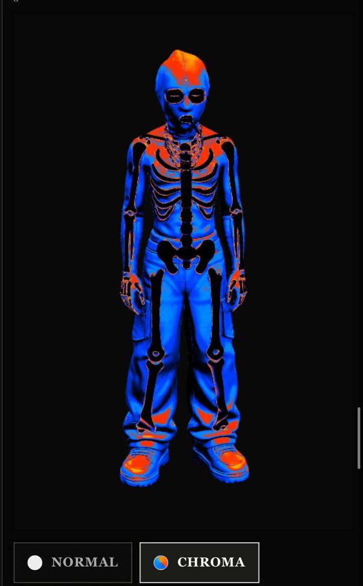 A stylized digital rendering of a humanoid figure with visible skeletal details, displayed in vibrant blue and orange colors with a "CHROMA" filter selected at the bottom over a "NORMAL" option.