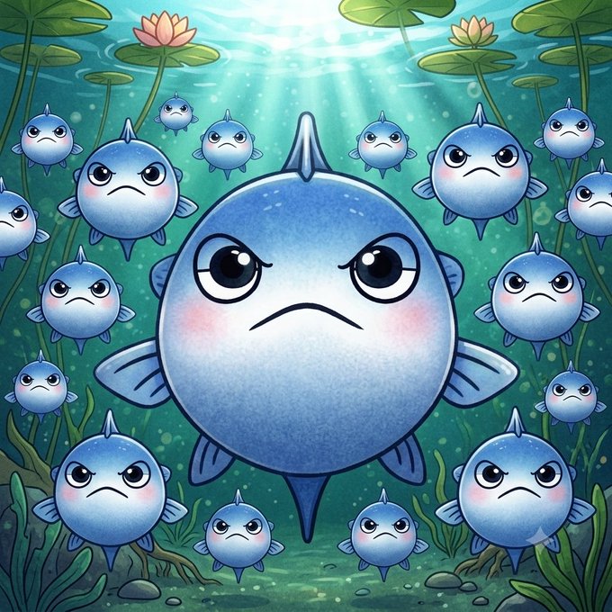 Digital illustration of a large grumpy blue pufferfish surrounded by smaller frowning pufferfish underwater, framed by lotus flowers and lily pads.