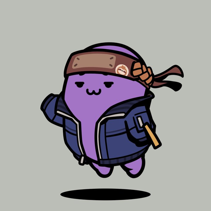 A cartoon illustration of a purple character wearing a blue leather jacket and brown headband, floating in the air against a gray background.
