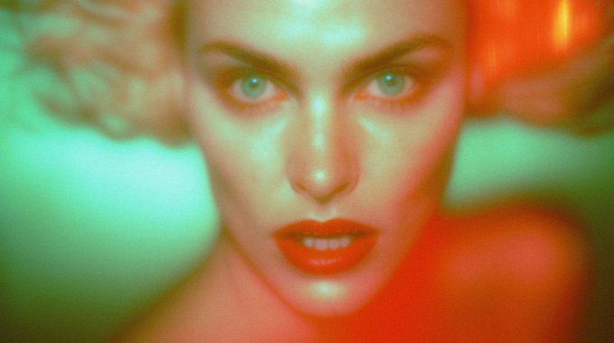 A close-up portrait of a woman with striking green eyes and red lips, bathed in dramatic teal and red lighting.