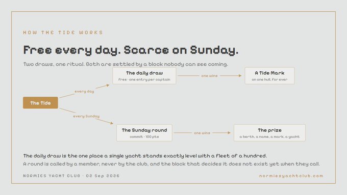 An infographic titled 'HOW THE TIDE WORKS' from the Normies Yacht Club, explaining a free daily draw with one entry per captain versus a Sunday round with a 100-petal commit.