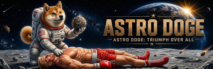 Promotional banner reading "ASTRO DOGE: TRIUMPH OVER ALL" featuring a Shiba Inu in an astronaut suit holding a rock next to a fallen muscular man in red shorts on the moon's surface.