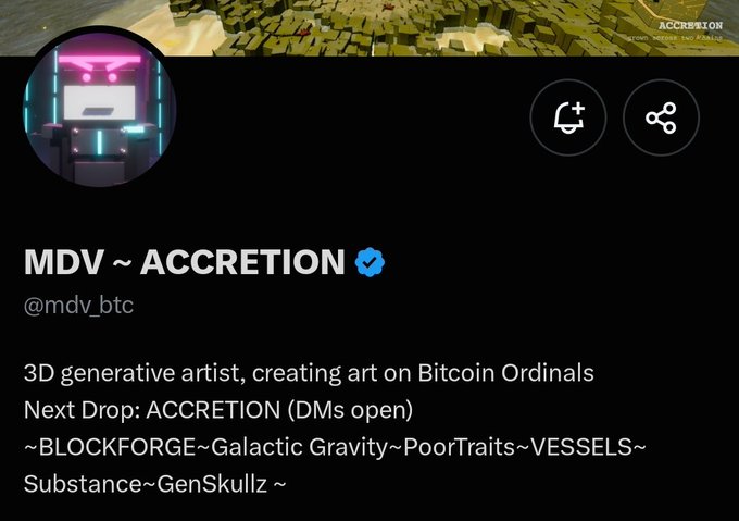 The image shows a Twitter/X profile for "MDV ~ ACCRETION" (@mdv_btc), a verified 3D generative artist creating art on Bitcoin Ordinals, with a featured collection called "ACCRETION" and previous works including BLOCKFORGE, Galactic Gravity, PoorTraits, VESSELS, Substance, and GenSkullz. This aligns with the post about the Accretion NFT drop, which features living 3D worlds inscribed on Bitcoin with ownership on Ethereum, minting on Oct 8 with a 3,333 supply at 0.003 ETH.