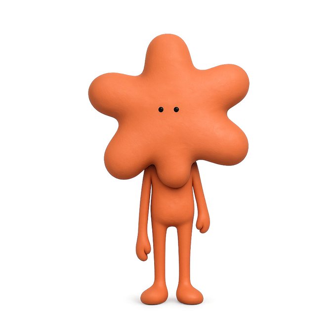 A 3D rendered cartoon character with an orange, star-shaped head and a small body with two black dot eyes, standing against a white background.