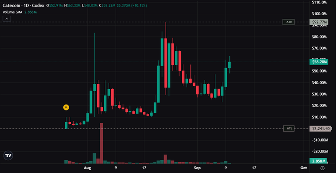 A daily candlestick chart for Catcoin-1D (Codec) showing a price of $58.28M, up 10.15% on a 5.37% gain from the previous close, with the price recovering sharply from an all-time low of $2,241.40 toward its all-time high of $92.77M, illustrating the dramatic volatility that makes the chart visually striking despite the poster not holding the asset.