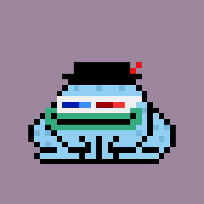 Pixel art of a blue-skinned, blob-like character wearing a black top hat with a red band, a white domino mask with red and blue lenses, and a green bandolier.