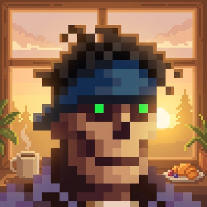 Pixel art portrait of a character with dark hair and a blue headband featuring green eyes, depicted in warm sunset lighting with a coffee mug and pastries in the background.
