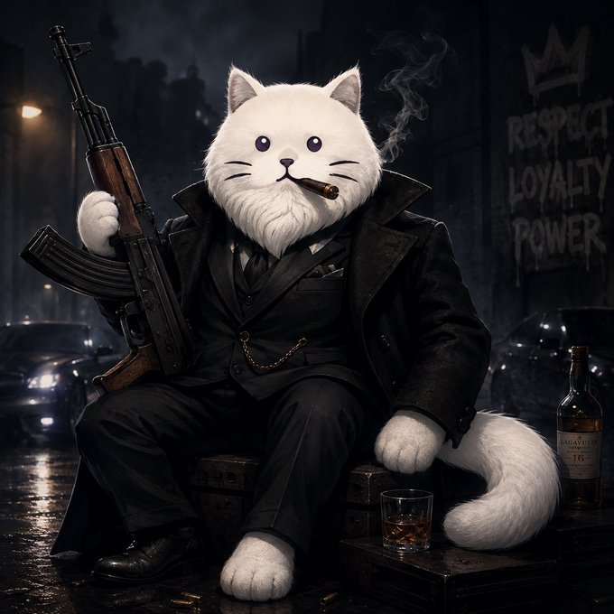 An AI-generated digital artwork of an anthropomorphic white cat wearing a black suit and coat, smoking a cigar and holding an AK-47 rifle, with 'RESPECT LOYALTY POWER' text on the wall behind.