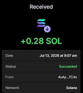 A screenshot of a successful Solana transaction showing a "Received" notification of +0.28 SOL from address 4uAy...7C4x on July 13, 2026 at 9:07 am, which corresponds to the post's promotion of sending SOL to receive $BHOODIES tokens with a 100% bonus presale.