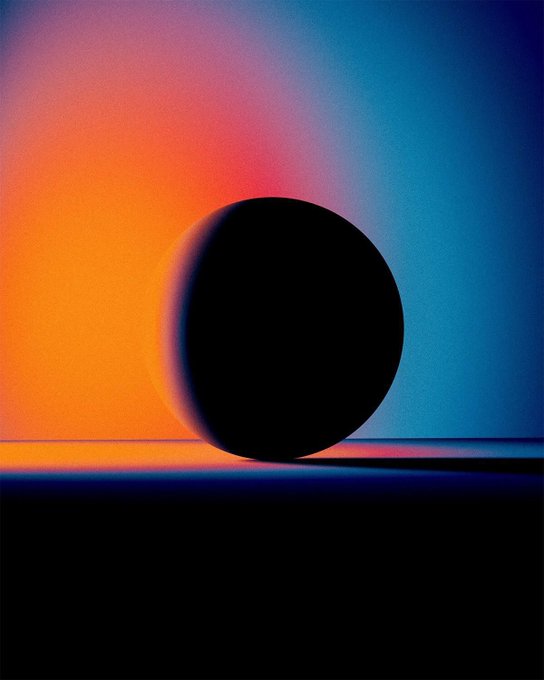A minimalist digital artwork featuring a black sphere on a dark surface, illuminated by contrasting orange/pink and blue gradient lighting.