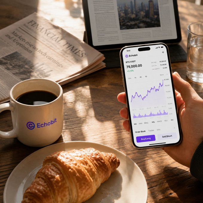 A lifestyle scene showing a hand holding a smartphone displaying the 'Echobit' crypto trading app with a BTC/USDT chart showing a price of 79,000.00, placed next to an 'Echobit' branded mug, a croissant, and a 'Financial Times' newspaper.