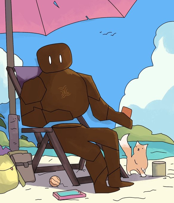 An illustration shows a brown robot with simple white eyes sitting in a beach chair under a pink umbrella, holding a small object, with a cat beside it on a sandy beach.
