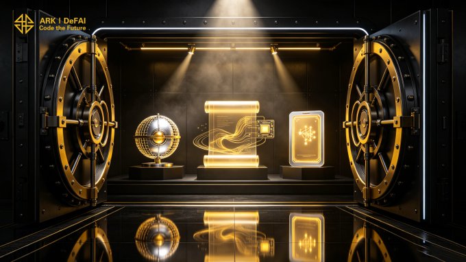 A massive, ornate gold vault door stands open to reveal three glowing golden artifacts displayed on pedestals under spotlights, with the text "ARK | DeFAI - Code the Future" in the upper left corner. The imagery of the vault symbolizes Arkie AI App unlocking hidden value for the ARK community by bringing AI Agents, tools, and execution together behind its doors.