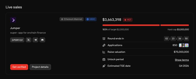 A 'Live sales' dashboard for 'Jumper' showing a USDC raise of $3,663,398 (183% of $2,000,000 target), 850 applications, $75,000,000 raise valuation, and Q4 2026 estimated TGE date.