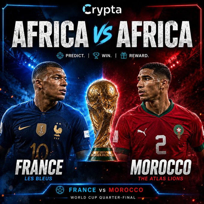 A promotional graphic for the France vs Morocco World Cup Quarter-Final features Mbappé in France's blue jersey (#10) and Hakimi in Morocco's red jersey (#2) flanking the FIFA World Cup trophy, with "AFRICA VS AFRICA" headline branding from Crypta inviting viewers to predict the correct score for a chance to win $250 in launch credits.