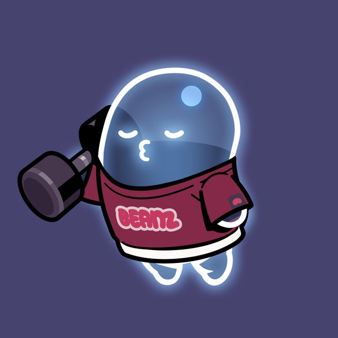 A cartoon character with a blue glass-like head, glowing white outline, closed eyes, and puckered lips, wearing a red shirt with 'BEANZ' text while holding a black hammer.