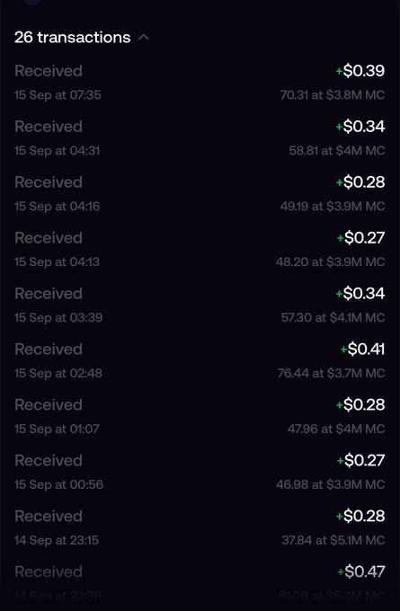 A cryptocurrency transaction history screen showing 26 received transactions ranging from $0.27 to $0.47, with market caps varying from $3.7M to $5.1M MC, dated September 14-15.