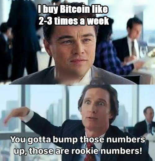 A meme featuring Leonardo DiCaprio from The Wolf of Wall Street with text reading "I buy Bitcoin like 2-3 times a week," followed by Jonah Hill's character responding enthusiastically, "You gotta bump those numbers up, those are rookie numbers!"
