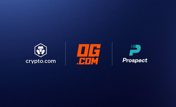 A dark blue graphic displaying three logos side by side: Crypto.com, OG.com, and Prospect.
