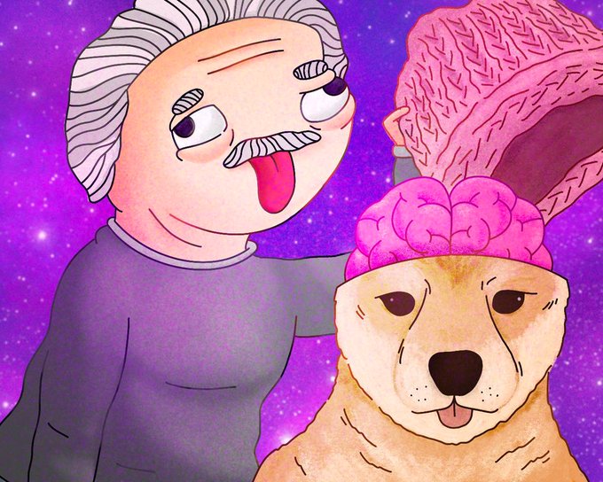 An illustration of an Albert Einstein-like figure with his tongue out standing next to a Shiba Inu dog that has its brain exposed, set against a purple cosmic background.