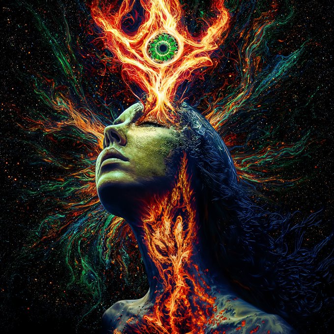 A psychedelic digital artwork showing a woman's profile with flames and cosmic colors erupting from her head, with a large green eye at the top.