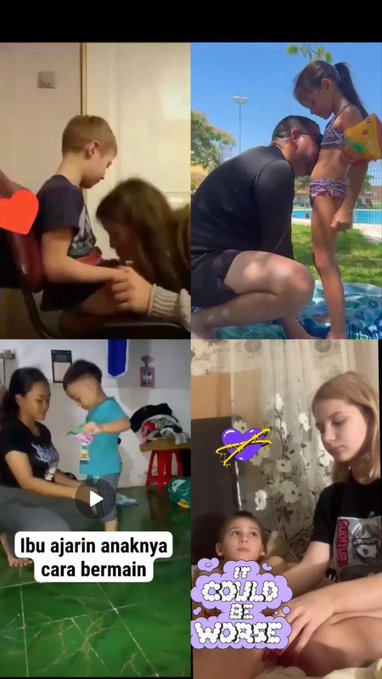 A four-panel video collage shows intimate moments between parents and children teaching card games, featuring the Indonesian caption "Ibu ajarin anaknya cara bermain" (Mom teaching her child how to play) and the phrase "IT COULD BE WORSE" in the bottom right panel, while a watermark "T.me/menu_vvip7" appears in the post.