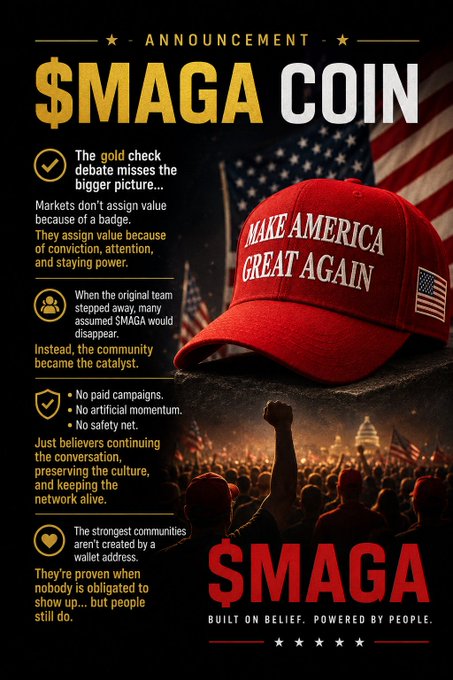 A promotional announcement graphic for "$MAGA COIN" featuring a red "Make America Great Again" cap and American flag imagery, accompanied by bullet points emphasizing that markets assign value based on conviction and attention rather than fundamentals, and that the strongest communities are proven by those who continue showing up. The design reinforces the post's announcement of $MAGA's return by positioning the meme coin as a grassroots movement "Built on Belief. Powered by People."
