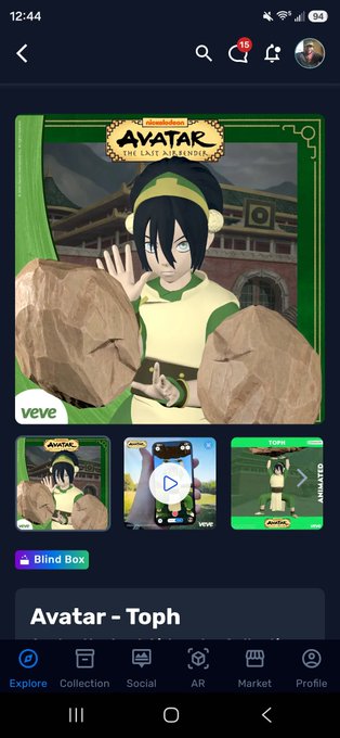 A mobile screenshot from the Veve digital collectibles app showing an Avatar: The Last Airbender 'Blind Box' featuring the character Toph, with options for Collectible, Motion, and AR views.