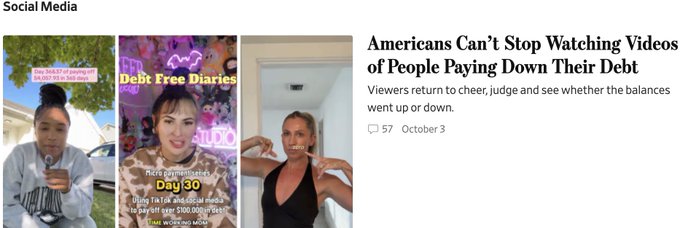 A social media video thumbnail collage titled "Debt Free Diaries" shows women discussing paying down $600,000 of debt, paired with an article headline "Americans Can't Stop Watching Videos of People Paying Down Their Debt," which complements the post's message about not trusting banks and focusing on personal debt payoff journeys rather than financial advice.
