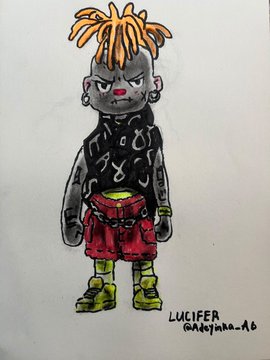 A hand-drawn marker illustration of a gray-skinned, punk-styled character with spiky orange dreadlocks, a red nose, earrings, and a black sleeveless top showing a small crack or scar on the chest, paired with a red skirt and yellow-green boots, signed "LUCIFER" with the artist's handle "@adoyna_16" in the bottom right corner, matching the casual "gn" (good night) post vibe with its edgy, nighttime character aesthetic.