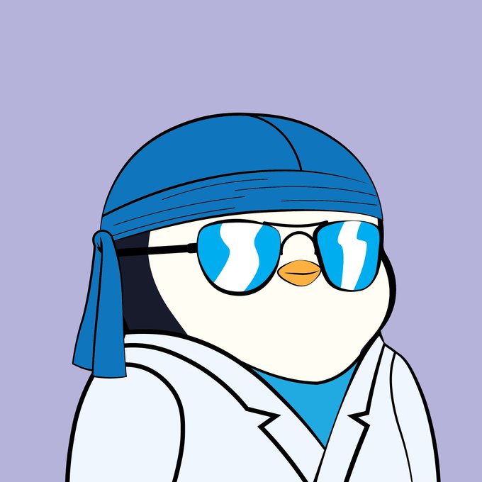 A cartoon penguin wearing blue reflective sunglasses, a blue bandana, and a white lab coat.