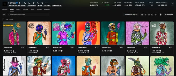 The image shows a collection of 20 different cartoon characters, each with unique features and designs. The characters include humans, animals, and other fantastical creatures such as dragons and unicorns. They are displayed in various positions within the frame, showcasing their diverse appearances and expressions. The post highlights that only 10 out of 200 Funkari passes are currently listed on this page, indicating a limited selection of characters available for viewing or purchasing. The focus is on what's in the image and how it relates to the post, which emphasizes the exclusivity and rarity of these characters.