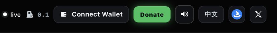 A dark-themed website header showing navigation elements including a "live" status indicator, "0.1" fee display, "Connect Wallet" button, a prominent green "Donate" button, audio controls, "中文" (Chinese) language option, a download icon, and an X (Twitter) link. The highlighted "Donate" button directly reflects the post's announcement about adding a donation option to the site.