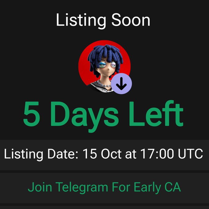 A black promotional graphic featuring a 3D anime-style character with blue hair against a red circular background, with a purple downward arrow icon. Key text reads "Listing Soon," "5 Days Left," "Listing Date: 15 Oct at 17:00 UTC," and "Join Telegram For Early CA," which aligns with the accompanying post's airdrop promotion for the $ARES token on the $SOL network.
