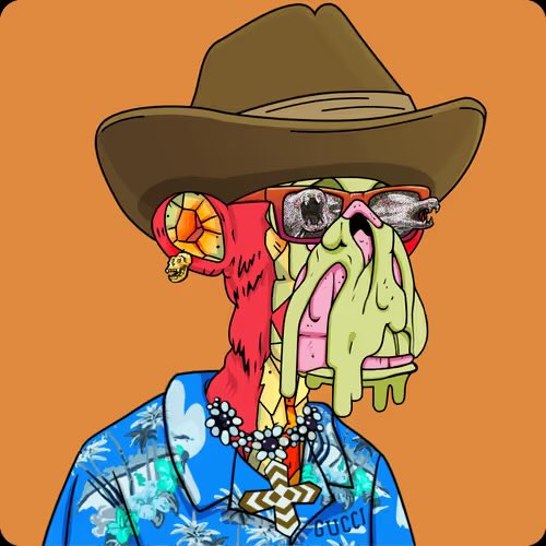 A cartoon illustration of a grotesque, melting zombie-like figure wearing a cowboy hat, sunglasses with eyes in them, a red parrot on its shoulder, and a blue Gucci Hawaiian shirt.