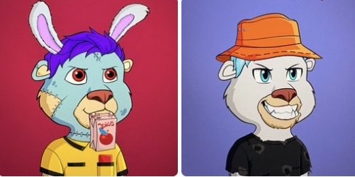 Two cartoon lion NFT characters from the Lazy Lions collection are displayed side by side: the left lion features purple hair, bunny ears, and a yellow shirt while holding a juice box labeled "Juicy" against a red background, and the right lion wears an orange bucket hat and black shirt against a purple background, illustrating the post's mention of "sacrificing the bunny ears" to "pull this super clean bucket hat."