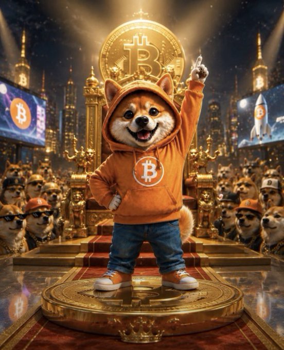 An AI-generated image of a Shiba Inu wearing an orange Bitcoin hoodie standing triumphantly on a golden throne/platform with Bitcoin symbols, pointing upward while surrounded by a crowd of dog characters in a futuristic crypto cityscape.