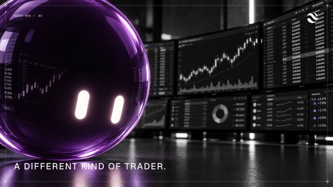 A promotional graphic featuring a purple orb-like character with two glowing eyes in front of trading monitors displaying candlestick charts, with the text 'A DIFFERENT KIND OF TRADER.'