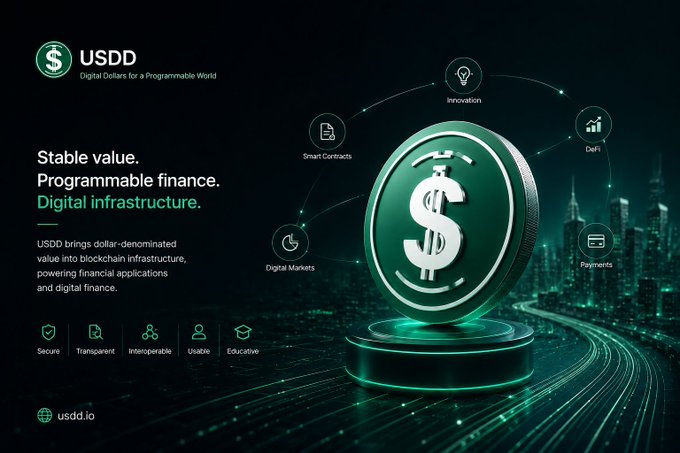 USDD promotional graphic featuring a green dollar coin with text 'Stable value. Programmable finance. Digital infrastructure.' alongside icons for Innovation, DeFi, Smart Contracts, Payments, and Digital Markets.