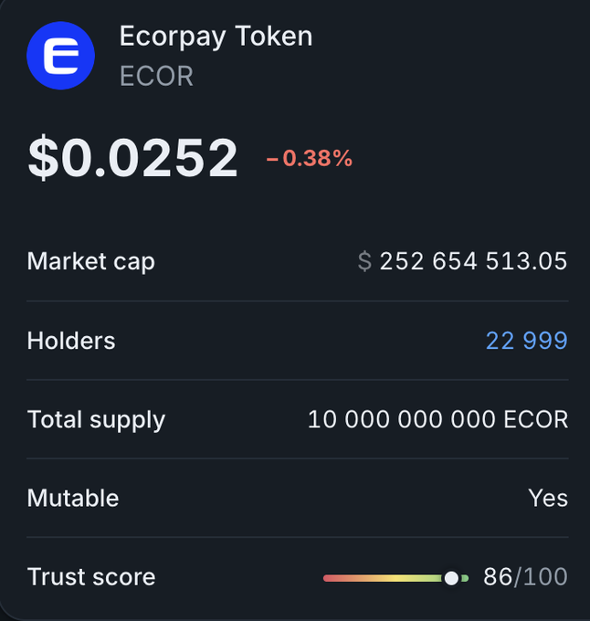 A cryptocurrency tracking interface displays Ecorpay Token (ECOR) priced at $0.0252, down 0.38%, with a market cap of $252,654,513.05, 22,999 holders, a total supply of 10 billion ECOR, and a trust score of 86/100.