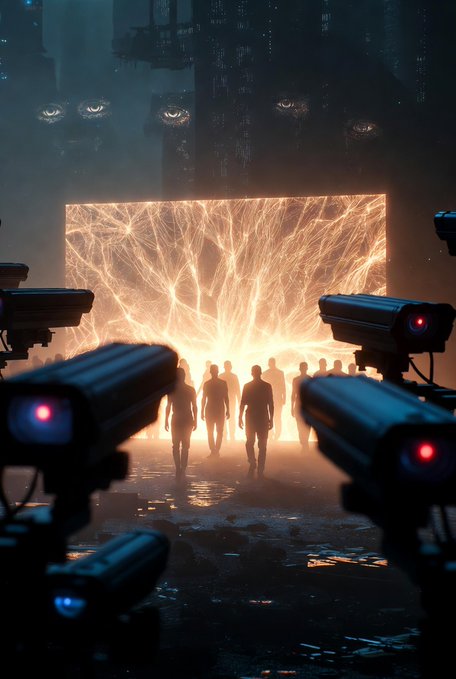 Silhouetted figures walk toward a glowing portal framed by surveillance cameras, with large watchful eyes looming in the dark cityscape above.