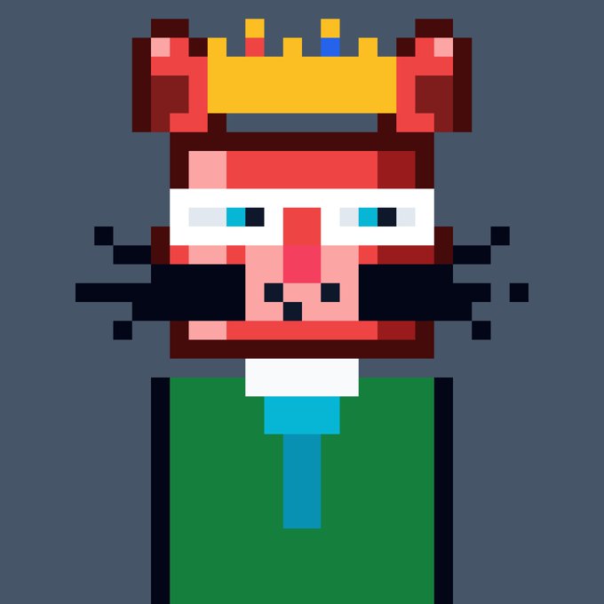 Pixel art portrait of a king wearing a gold crown, large pixelated mustache, white-framed glasses, and a green suit with a light blue tie.