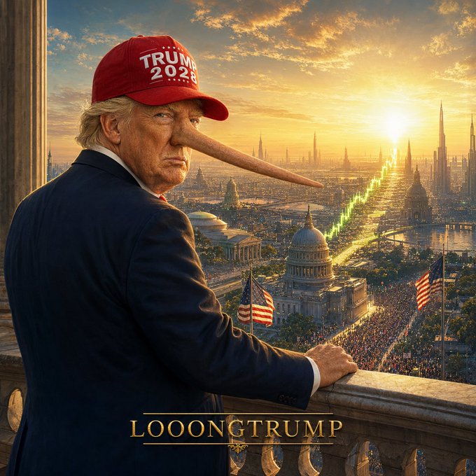 A satirical AI-generated image depicting a figure resembling Donald Trump wearing a red 'TRUMP 2024' cap with an exaggerated Pinocchio-like long nose, overlooking a fantastical cityscape with American flags; text reads 'LOOONGTRUMP'.