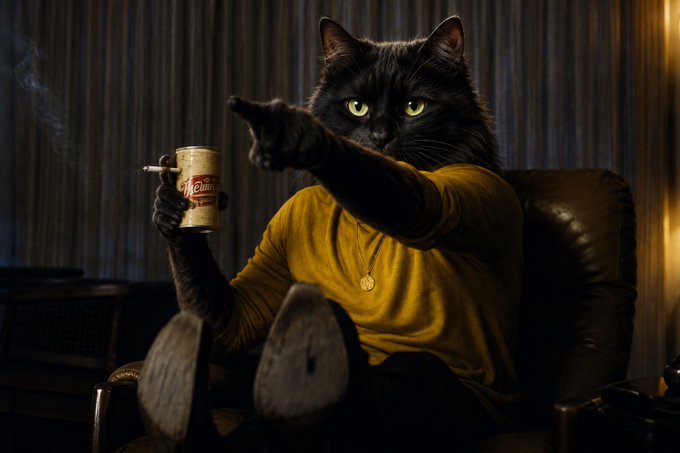 An anthropomorphic black cat in a yellow shirt sitting in a leather armchair, holding a can and pointing forward with a serious expression.