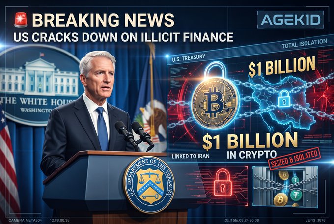A breaking news graphic showing a man at a U.S. Treasury Department podium, with text 'US CRACKS DOWN ON ILLICIT FINANCE', '$1 BILLION IN CRYPTO', and 'SEIZED & ISOLATED', alongside an 'AGEKID' logo.