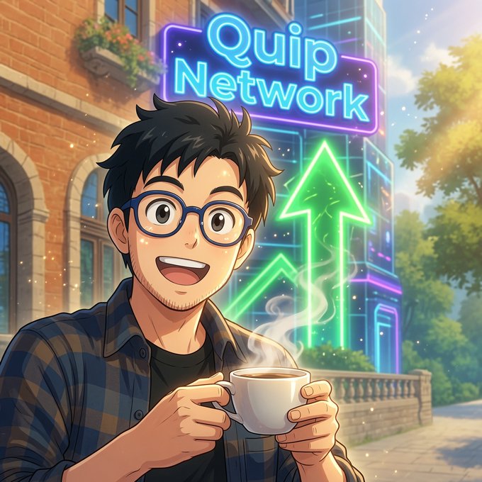 The image features a man wearing glasses holding a cup of coffee while standing outside next to a building with neon lights. The man appears to be smiling, possibly enjoying his coffee or having just finished a conversation. The background includes an urban setting with trees and buildings, creating a lively atmosphere around the man. The post is titled "Quip Network" and mentions that Quip has been featured at major industry events like Quantum Tech World Boston.