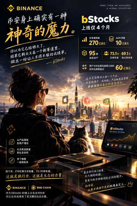 A promotional advertisement for Binance 'bStocks' featuring a woman in sunglasses overlooking a city skyline with a cat beside her, highlighting metrics like '270 亿美元', '95', '73.1万', and '60 亿美元'.