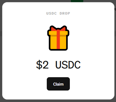 A digital interface showing a gift box icon with text 'USDC DROP', '$2 USDC', and a 'Claim' button.