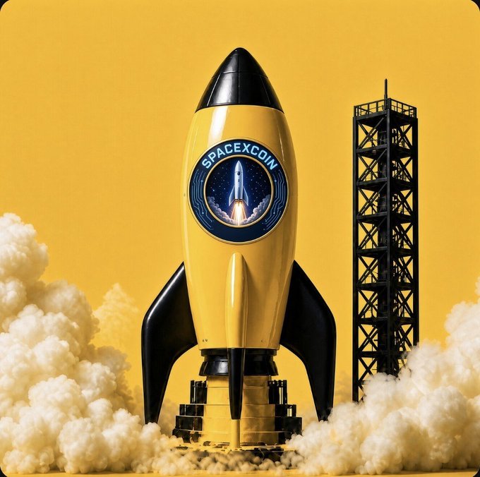 A toy-like yellow and black rocket with 'SPACEXCOIN' logo standing next to a launch tower against a yellow background with cotton-like clouds.