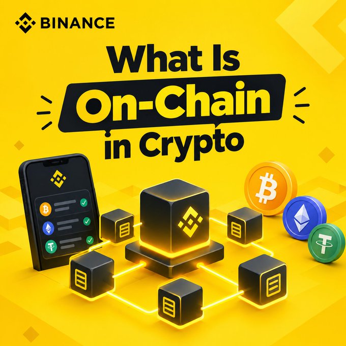 A Binance promotional graphic titled 'What Is On-Chain in Crypto' featuring cryptocurrency icons (Bitcoin, Ethereum, Tether) and blockchain nodes connected to a mobile phone.